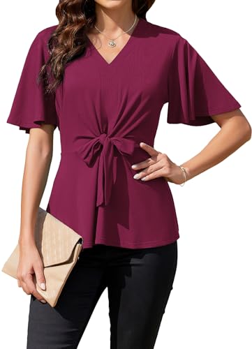 ArtJuly Damen Oberteile Elegant V-Ausschnitt Kurzarm Bluse Weinrot A-Linie Blusen Leicht Sommerbluse mit Elastische Taille Tunika Tops Glockenärmel Rüschen Blusenshirt Festliches Blusen,Weinrot,S von ArtJuly