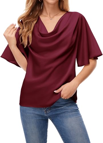 ArtJuly Bluse Damen Weinrot Sommer Elegant Tunika Kurzarm Wasserfallkragen Oberteile Flowy Glockenärmel Sommerblusen Lockerer Satin Blusen Fließende Seidenbluse,Weinrot,M von ArtJuly