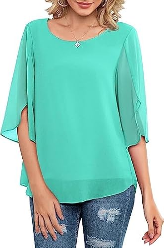 ArtJuly Damen Chiffon Bluse 3/4 Ärmel Rundhals Freizeit Festlich Blusen Oberteile Casual Tunika Tops Sommer Undurchsichtiges Elegant Shirts Loose Fit Hemd mit Mesh(Light Green-L) von ArtJuly