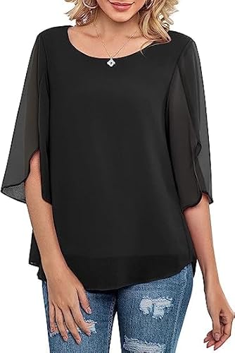 ArtJuly Damen Chiffon Bluse 3/4 Ärmel Rundhals Freizeit Festlich Oberteile Casual Tunika Tops Sommer Undurchsichtiges Elegant Shirts Loose Fit Hemd mit Mesh(Black-M) von ArtJuly