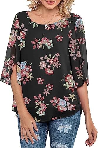 ArtJuly Damen Chiffon Bluse 3/4 Ärmel Rundhals Freizeit Festlich Oberteile Casual Tunika Tops Sommer Undurchsichtiges Elegant Shirts Loose Fit Hemd mit Mesh Gedrucktes Muster(Red Flower-Black-XXL) von ArtJuly