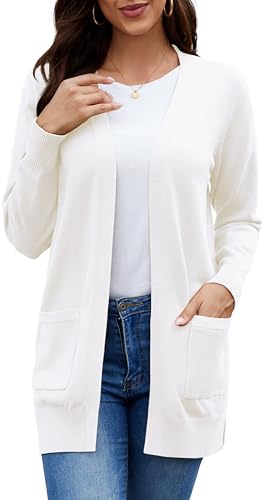 ArtJuly Damen Strickjacke Herbst Winter Casual Cardigan Langarm Offene Dick Strickmantel mit Taschen High Stretchy Cardigan Dick und Warm Strickjackenpullover Strickpullover,Weiß XL von ArtJuly