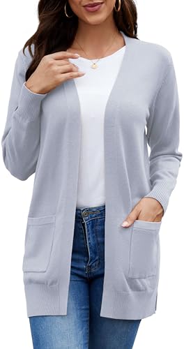 ArtJuly Damen Strickjacke Herbst Winter Casual Cardigan Langarm Vorne Offen Strickmantel mit Taschen High Stretchy Cardigan Dick und Warm Strickjackenpullover Strickpullover,Hellgrau M von ArtJuly