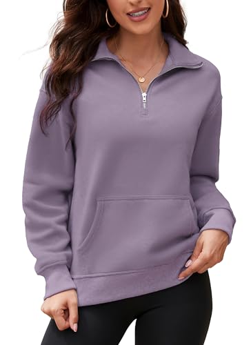 ArtJuly Damen Sweatshirt Pullover Oversize 1/4 Zip Pullover mit ohne Kapuze Fleece Loose Oberteile Langarmshirt Einfarbig Basic V-Auschnitt Fleecepullover Sport Sweatshirts(Bohnenpaste Pulver-L) von ArtJuly