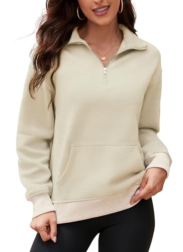 ArtJuly Damen Sweatshirt Pullover Oversize 1/4 Zip Pullover mit ohne Kapuze Fleece Loose Oberteile Langarmshirt Einfarbig Basic V-Auschnitt Fleecepullover Sport Sweatshirts(Reisaprikose-M) von ArtJuly