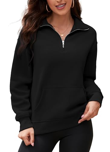 ArtJuly Damen Sweatshirt Pullover Oversize 1/4 Zip Pullover mit ohne Kapuze Fleece Loose Oberteile Langarmshirt für Herbst Winter Einfarbig V-Auschnitt Fleecepullover Sport Sweatshirts(Schwarz-M) von ArtJuly