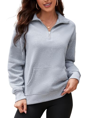 ArtJuly Damen Sweatshirt Pullover Oversize Pullover mit ohne Kapuze Fleece Loose Oberteile Langarmshirt für Herbst Winter Einfarbig Basic V-Auschnitt Fleecepullover Sport Sweatshirts(hellgrau-L) von ArtJuly