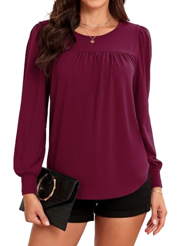 ArtJuly T-Shirt Damen Tunika Rundhals Plissee Vorne Bluse Solide Puffärmel Langarm Oberteil Tops Langarmshirt mit Laternenärmeln Longshirt Festliches Oberteile,Rotwein 2XL von ArtJuly