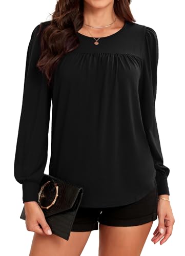 ArtJuly T-Shirt Damen Tunika Rundhals Plissee Vorne Bluse Solide Puffärmel Langarm Oberteil Tops Langarmshirt mit Laternenärmeln Longshirt Festliches Oberteile,Schwarz M von ArtJuly