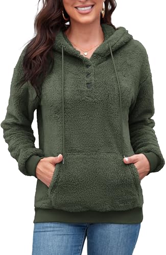 ArtJuly Hoodie Damen Pullover Teddy-Fleece Sweatshirt Warme Dicke Kapuzenpullover Herbst Winter Langarm Plüsch Pulli mit Tasche und Kapuze Oversize Winterpullover Einfarbig Plüschjacke,Army Green 2XL von ArtJuly