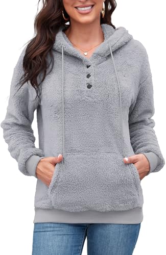 ArtJuly Hoodie Damen Pullover Teddy-Fleece Sweatshirt Warme Dicke Kapuzenpullover Herbst Winter Langarm Plüsch Pulli mit Tasche und Kapuze Oversize Winterpullover Einfarbig Plüschjacke,Hellgrau 2XL von ArtJuly