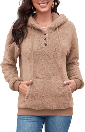 ArtJuly Hoodie Damen Pullover Teddy-Fleece Sweatshirt Warme Dicke Kapuzenpullover Herbst Winter Langarm Plüsch Pulli mit Tasche und Kapuze Oversize Winterpullover Einfarbig Plüschjacke,Khaki 2XL von ArtJuly