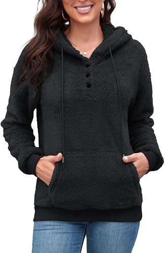 ArtJuly Hoodie Damen Pullover Teddy-Fleece Sweatshirt Warme Dicke Kapuzenpullover Herbst Winter Langarm Plüsch Pulli mit Tasche und Kapuze Oversize Winterpullover Einfarbig Plüschjacke,Schwarz M von ArtJuly