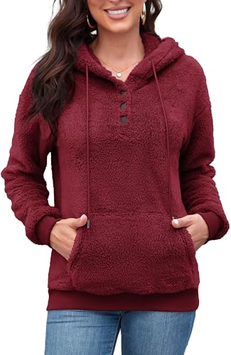 ArtJuly Hoodie Damen Pullover Teddy-Fleece Sweatshirt Warme Dicke Kapuzenpullover Herbst Winter Langarm Plüsch Pulli mit Tasche und Kapuze Oversize Winterpullover Einfarbig Plüschjacke,Weinrot 2XL von ArtJuly