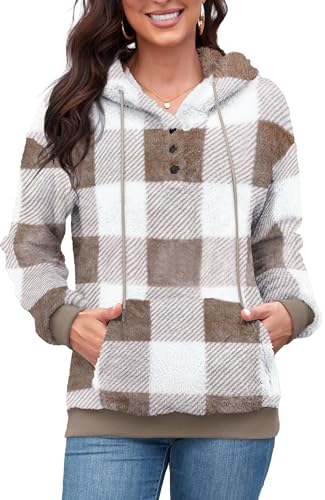 ArtJuly Hoodie Damen Pullover Teddy-Fleece Sweatshirt Warme Dicke Kapuzenpullover Herbst Winter Langarm Plüsch Pulli mit Tasche und Kapuze Oversize Winterpullover Gitter Plüschjacke,Kaffee L von ArtJuly