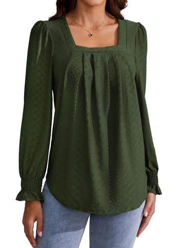 ArtJuly Tunika Damen Bluse Spreizkragen T-Shirt Elegante Shirts Lässige Streetwear Puffärmel Langarmshirt Oberteile Tops mit Laternenärmeln Longsleeve Damen Plissee vorne Bluse,Army Green L von ArtJuly