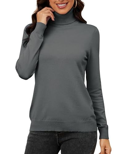 ArtJuly Rollkragenpullover Damen Weich Langarm Strickpullover Stretch Stehkragen Pullover Leicht Warm Basic Langarmshirt Rolli für Herbst Winter Strickpulli Damen Herbst Grau 2XL von ArtJuly