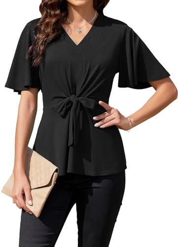 ArtJuly Schwarz Damen Bluse Elegant Glockenärmel Blusen Kurzarm Elastische Taille Oberteile Slim Fit Sommerbluse mit Rüschen Bluseshirt Casual A-Linien Form Tunika Tops Festliches Blusen,Schwarz,S von ArtJuly