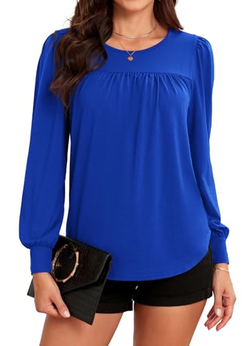 ArtJuly T-Shirt Damen Tunika Rundhals Plissee Vorne Bluse Solide Puffärmel Langarm Oberteil Tops Langarmshirt mit Laternenärmeln Longshirt Festliches Oberteile,Blau S von ArtJuly