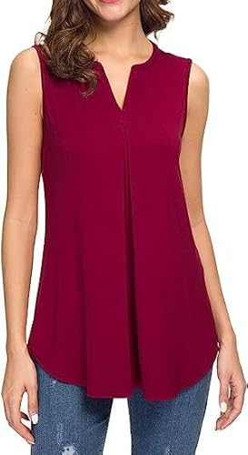 ArtJuly Tank Tops Damen Ärmellos Sommer Bluse Locker V-Ausschnitt T-Shirt Lang Elegant Tunika Lässig Oberteile Hochzeit Basic Festliche Blusen Shirts Faltenbluse Alltagskleidung(Rotwein-2XL) von ArtJuly
