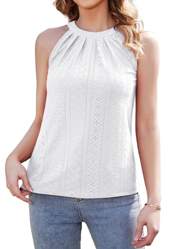 ArtJuly Top Damen Weiß Sommer Neckholder Top Weiß Ärmellose Tank Top Damen Schulterfreies Oberteile Elegant Pilzknopf Shirts Plissee Blusentop Tops für Damen Atmungsaktiv Tanktops Frauen,01Weiß,2XL von ArtJuly