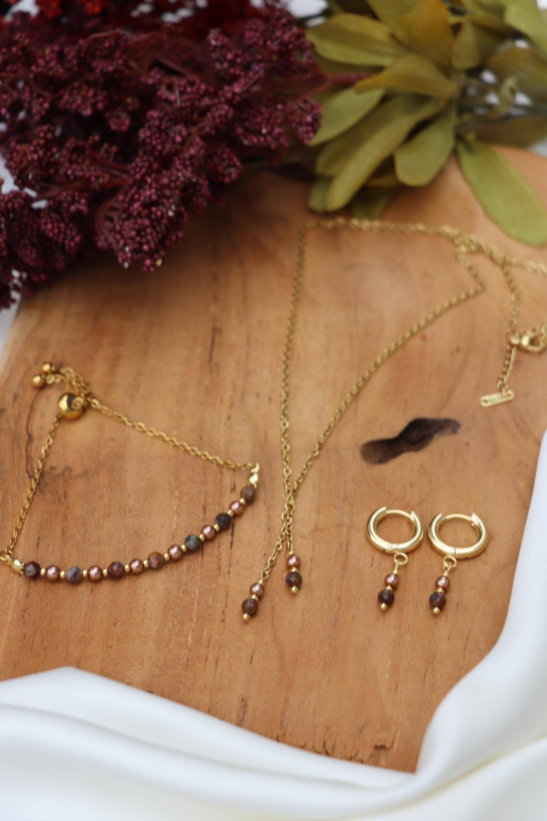 Handgemachte Braune Perlenohrringe Mit Halbedelstein Pietersite, Creolen, Edelstahlohrringe, Ohrringe Gold, Geschenk Für Sie von ArtKatinka