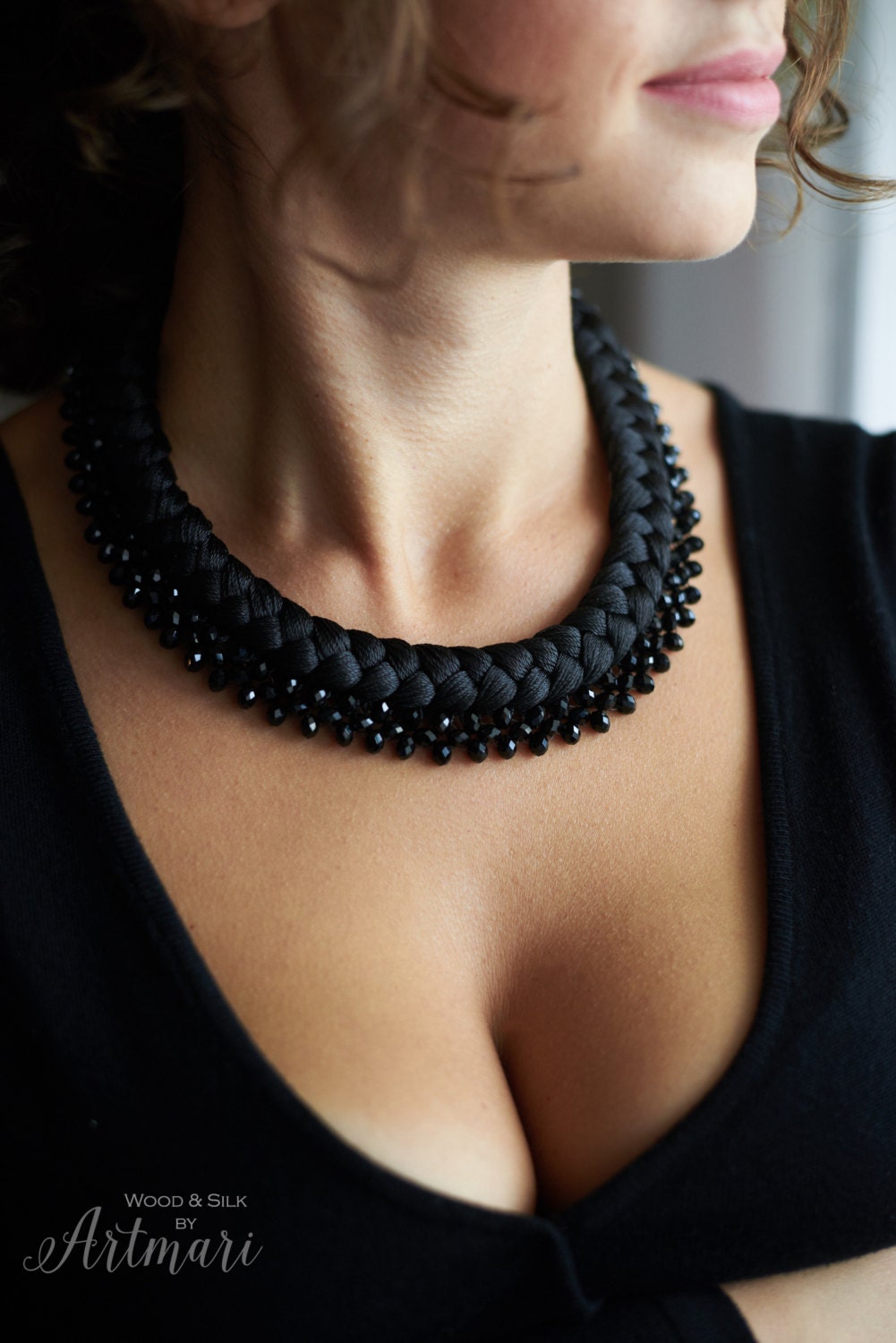 Schwarze Geflochtene Halskette Textil Cocktail Ausgehen Schmuck Umweltfreundliche Party Bib von ArtMariDesign