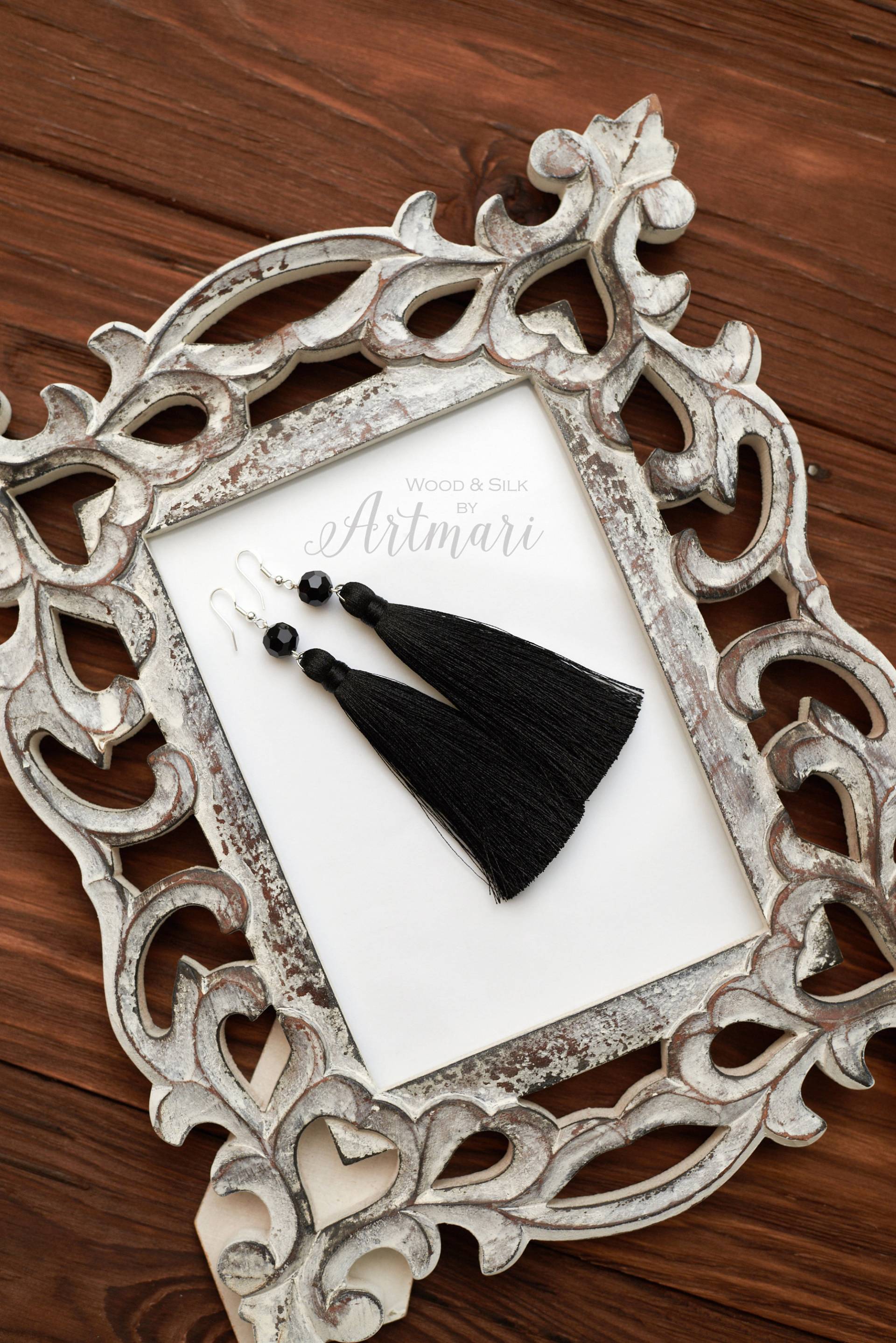 Schwarze Quaste Ohrringe Mit Kristall Perlen Mode Lange Fransen Geschenk Für Sie Schmuck Boho Sterling Silber 925 von ArtMariDesign