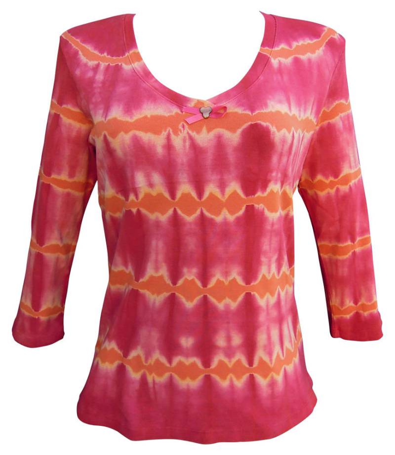 Baumwolle 1x1 Baby Rippe, Nature Art Damen Gestreift Krawattenfarbe V Ausschnitt 3/4 Ärmel Top Mit Rosa Band - Farbe Ahorn von ArtNatureByLYNN