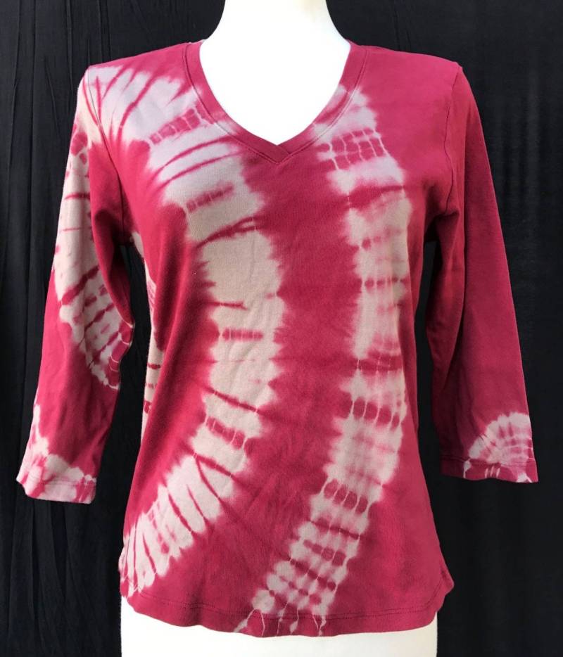 Baumwolle 1x1 Baby Rippenmuster, V-Ausschnitt 3/4 Ärmel, Handfärbung - Farbe Weinrot von ArtNatureByLYNN