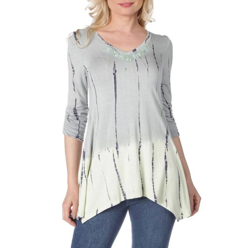 Natur Kunst Damen Krawatten Färben Tunika Verschönert Perlen Lang V Hals Top Applikation - Celadon/Grau von ArtNatureByLYNN