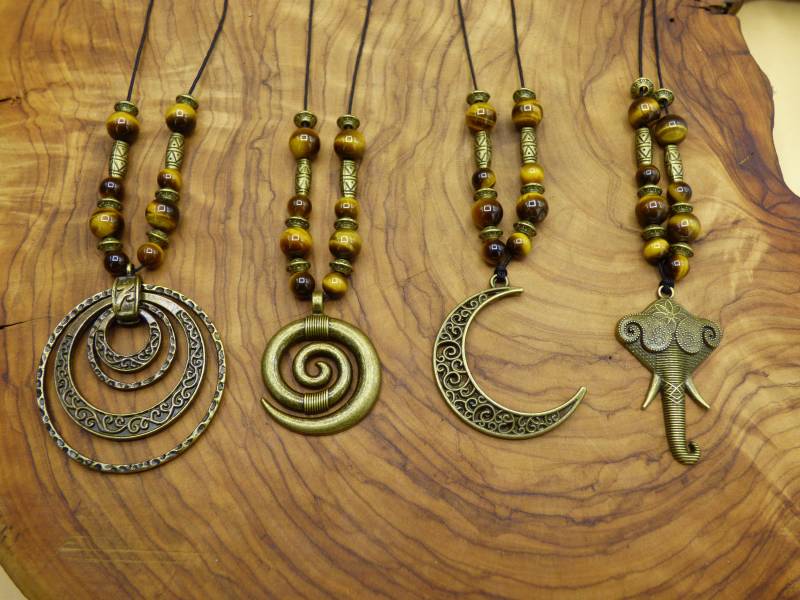 Anhänger Ketten Antik Bronze - Tigerauge Edelsteinperlen Spirale Elefant Mond Ringe Rund Tier Hippie Goa Boho Tibet Ethno Natur Kraft Braun von ArtOfNatureBerlin