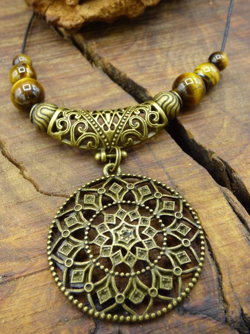 Mandala Tigerauge Perlen Bronze Edelstein Kette Heilstein Braun Gold Natur Er Sie Mann Frau Geschenk Freundin Glück Anhänger Goa Boho Tibet von ArtOfNatureBerlin
