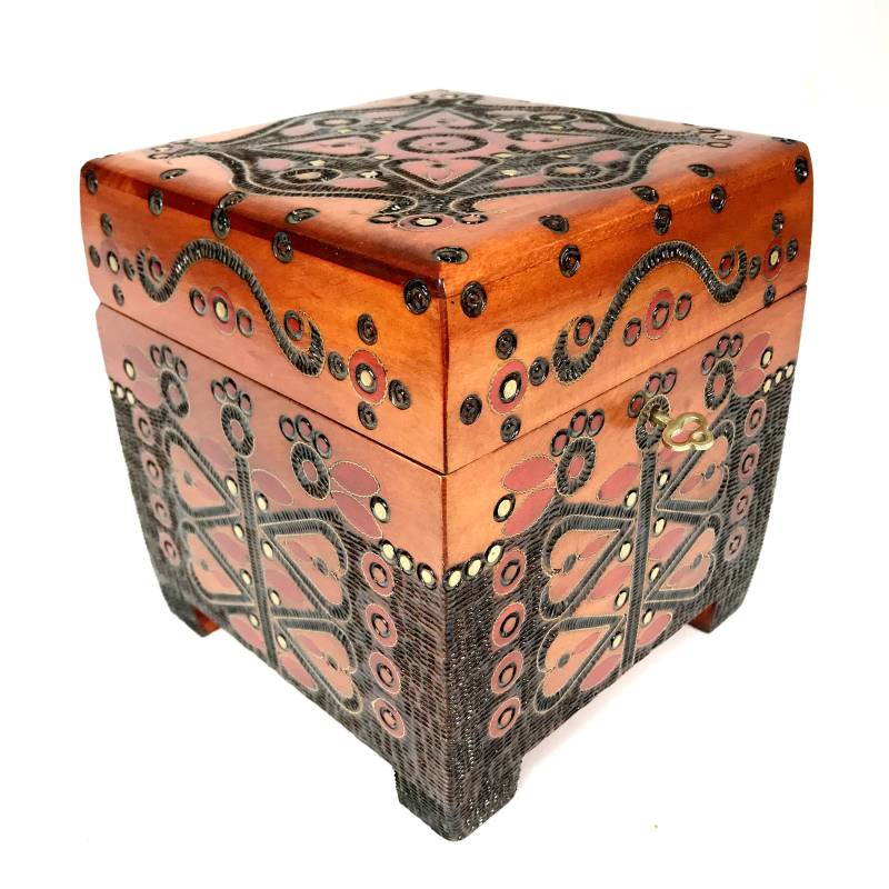 Reich Verzierte Holzkiste 6, 3''x6, 3''x6, 3'', Verkrustete Box, Schmuck-Box, Handgeschnitzte Andenken-Box, Abschließbare Holzschatulle von ArtRegio