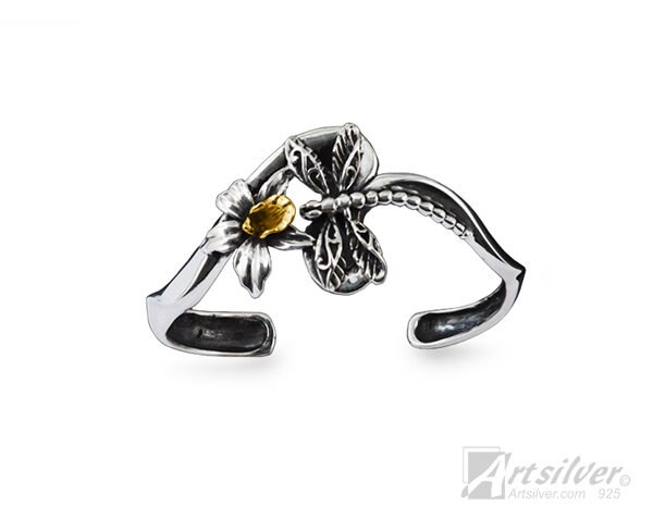Feminine Frau Verstellbare Blumen Orchidee Und Libelle Gold Overlay Manschetten-Armband -Ks724 von ArtSilverDesigns