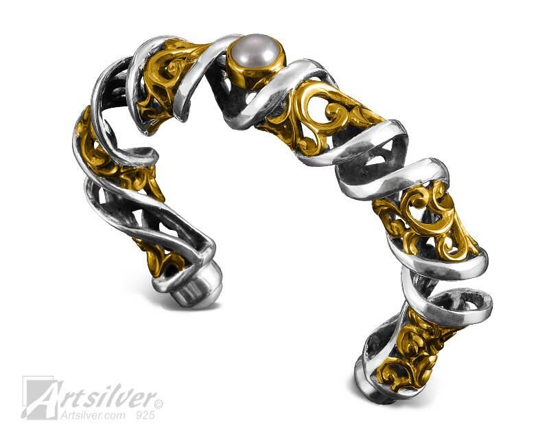 Gedrehtes Sterling Silber Manschette Armband Gold Vermeil & Perle von ArtSilverDesigns