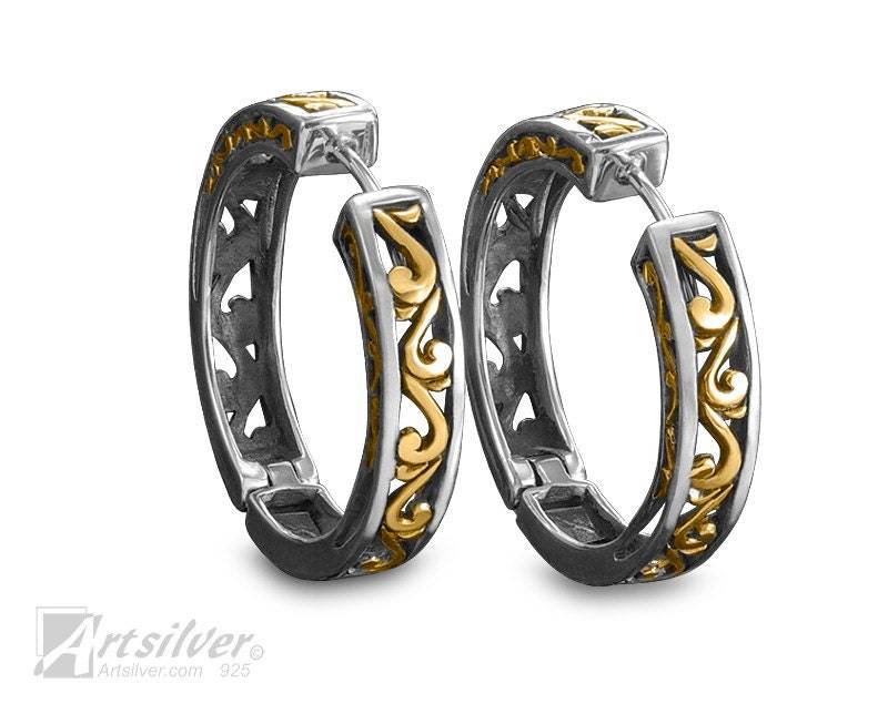 sterling Silber Huggie Hoop Ohrringe 18K Gold Filigree von ArtSilverDesigns