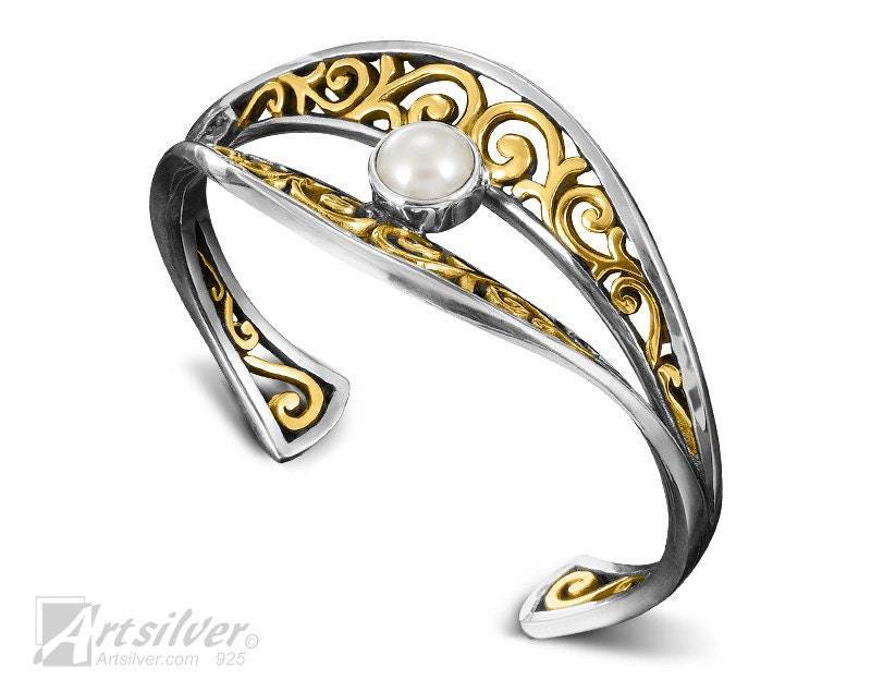 sterling Silber Perle Manschette Armband Braut Hochzeitsschmuck von ArtSilverDesigns