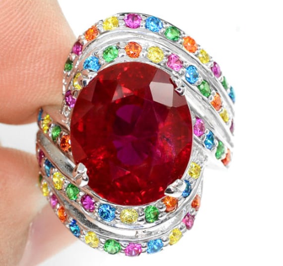 Blut Rot Ruby Oval Ring Silber 925 Heating 11.1 Ct 13.9x11.9 Mm. Größe 6 von ArtTown