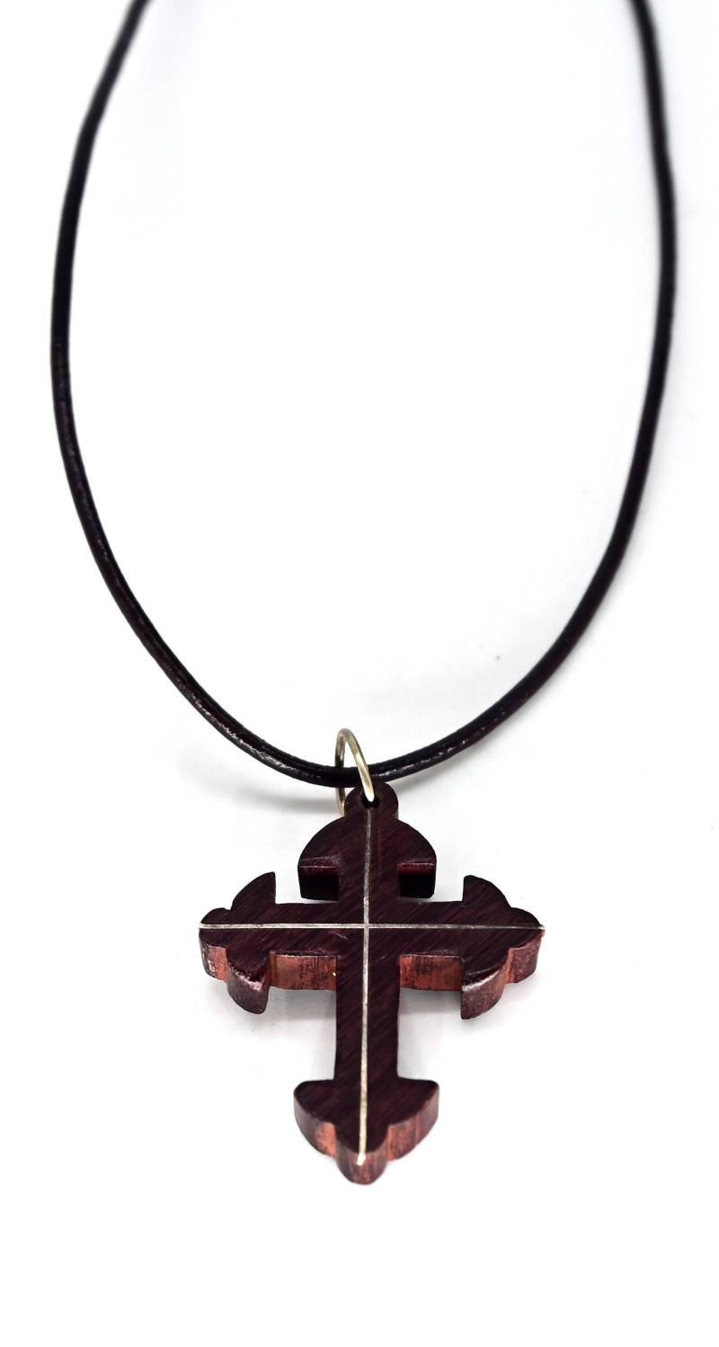 Vintage Palisander Kreuz Anhänger Mit Silbereinlage Um 1960 Von Taxco Mexico An Verstellbarer Lederkette von ArtTreasureStore