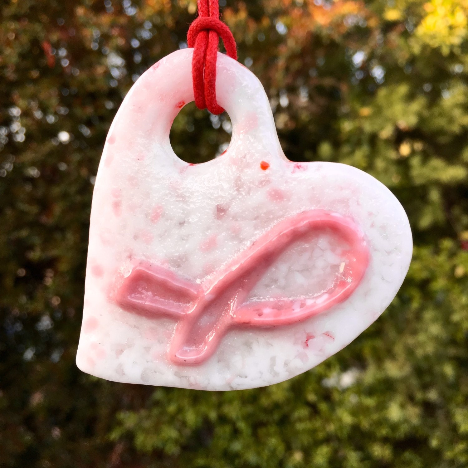 Rosa Schleife Herz Sonnenfänger, Pate De Verre Ornament, Valentinstag Geschenk, Glasherz von ArtVetro