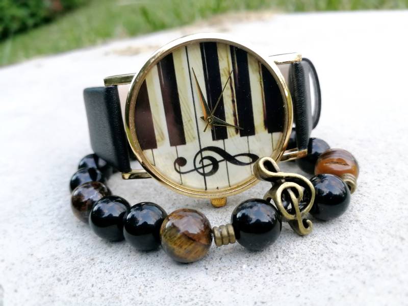 Music Watch Armband Boho Armbanduhr Schwarze Musiker Uhr Musikschmuck Musik-Liebhaber-Geschenk Musiklehrer Geschenk Für Lederarmbanduhr von ArtWatchDesign
