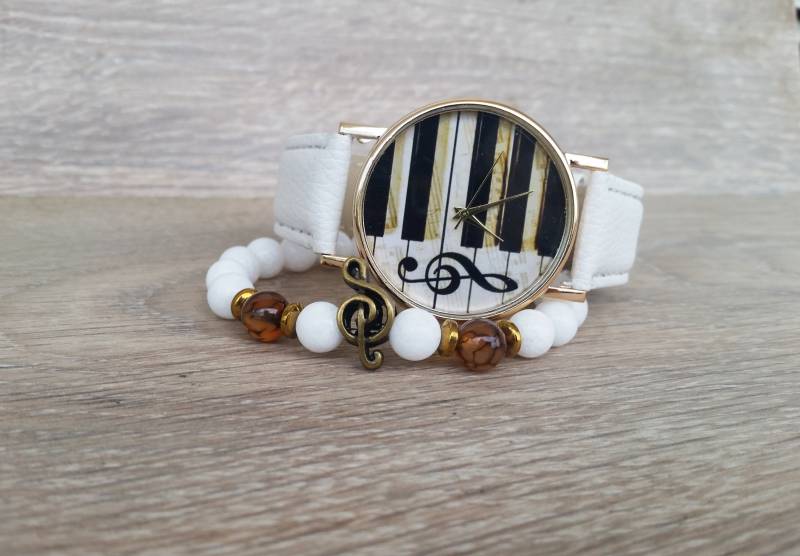 Musik Damenuhr Geschenk Für Musiker Armband Schmuck Boho Armbanduhr Weiß Lederuhr Musikliebhaber Musiklehrer von ArtWatchDesign