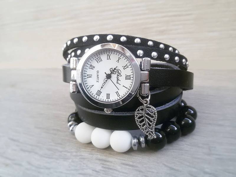 Schwarze Boho Uhr Armband Frau Armbanduhr Schwarz Leder Wrap Hipster Für Geschenk Sie Geburtstag von ArtWatchDesign