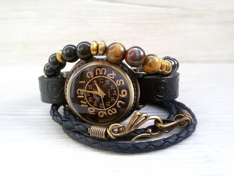 Schwarze Hipster Uhr Armband Schwarz Leder Manschette Stein Boho Armbanduhr Frau Vintage Kuh Für Geschenk Sie von ArtWatchDesign