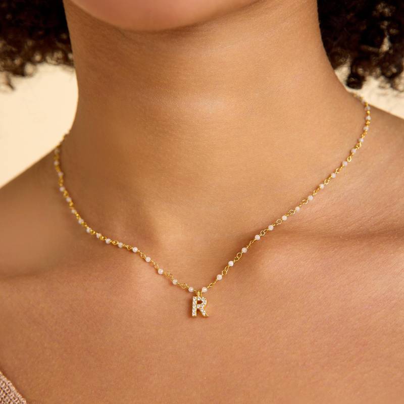 Custom Pave Initial Halskette Mondstein Kette, Juni Geburtsstein von ArtandCraftsJewelry