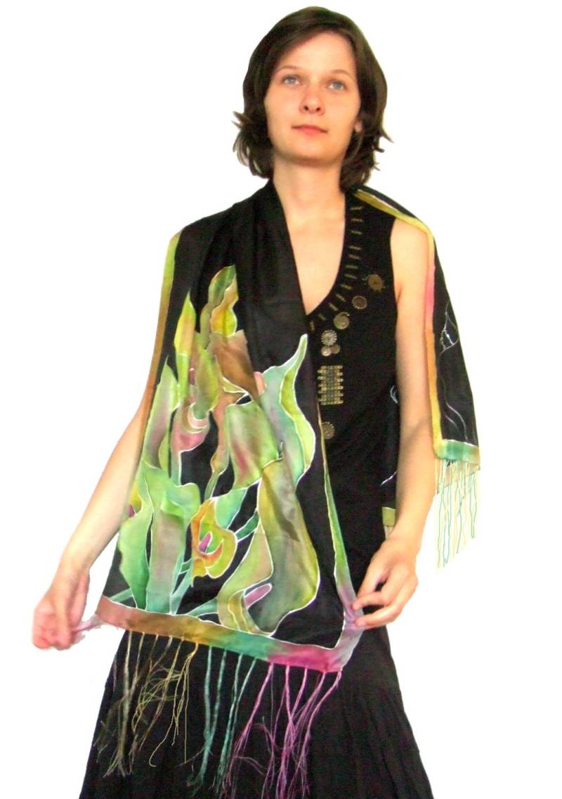 Verkauf Seide Schal Kallas Exklusive Ein Von Einer Art Wearable Längliche Mit Fransen Geschenk Für Ihre 100 % Handgemalt von ArtbyLora