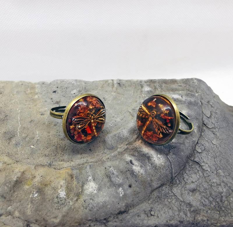 Libelle in Bernstein Verstellbar Antik Bronze Ring, 2 Stile von ArtbyNuriaM