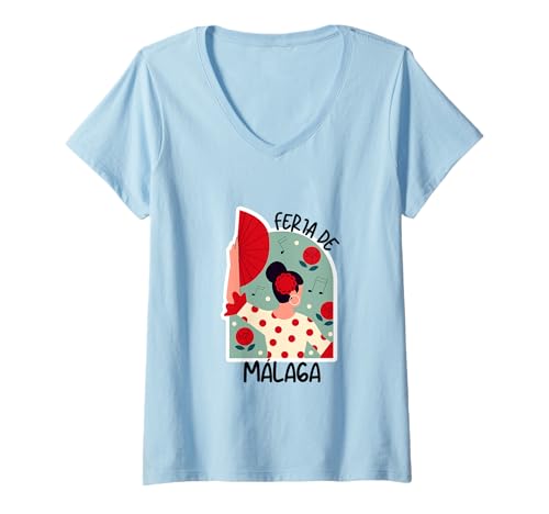 Damen Messe von Malaga Flamenco Tradition Flamenco-Tänzerpartys T-Shirt mit V-Ausschnitt Damen Messe von Malaga Flamenco Tradition Flamenco-Tänzerpartys T-Shirt mit V-Ausschnitt von Arte Feria Agosto Andalucía Fiesta Sur