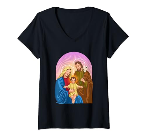 Damen Jesuskind, Jungfrau Maria und St. Josef T-Shirt mit V-Ausschnitt von Arte cristiano. Sagrada Familia